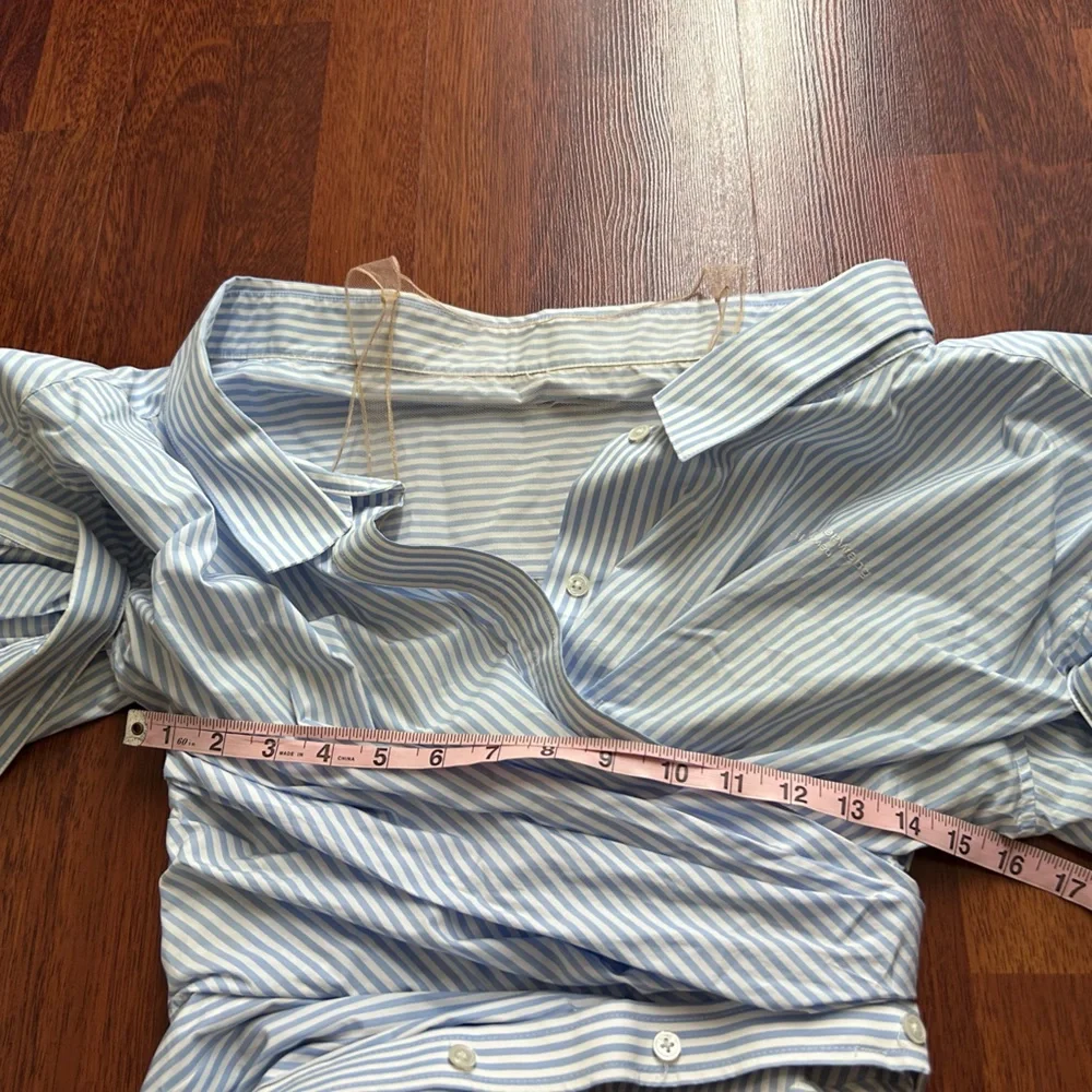 SOLD! Alexander Wang Off Shoulder Asymmetric Striped Mesh Accent Poplin Top 2 - Picture 17 of 17